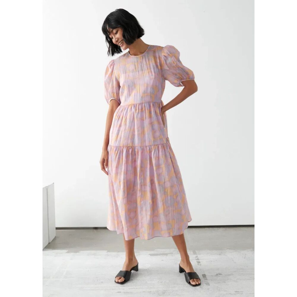 & OTHER STORIES Pink Leopard Print Lightweight Sheer Lined Tiered Midi Dress 10